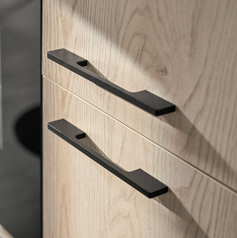 Stylish bathroom vanity handles showcased in a modern design, available at Zen Living in Calgary.